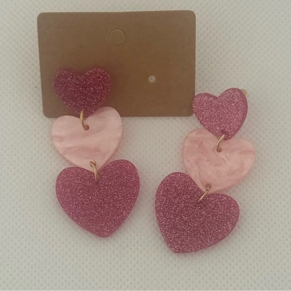 Pink & Purple Glitter Heart Dangle Earrings – Triple Drop Statement – NWT - Picture 2 of 4